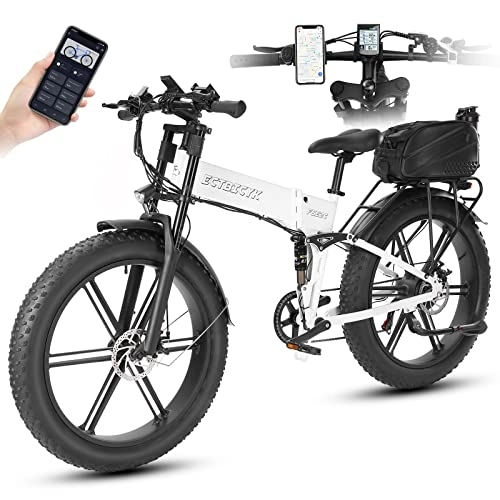 Folding Electric Mountain Bike : 26 Inch E-Bike Fat Tyres Electric Bicycle Men's E-Mountain Bike 250 W Motor Up to 120 km Range 48 V 10 Ah Removable Battery 7 Speed Shimano Aluminium Alloy Frame LCD Colour Display & App (White)