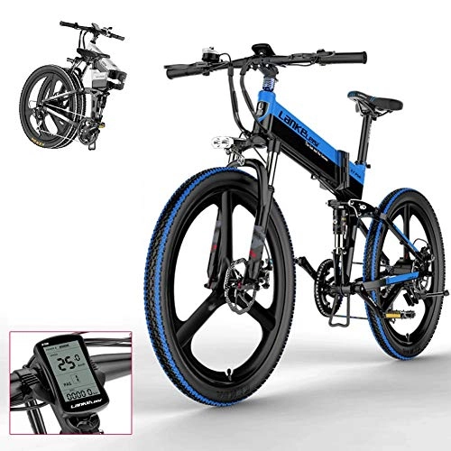 Folding Electric Mountain Bike : 26 Inch Electric Mountain Bike, Electric Folding Mountain Bike 7 Speed with Removable Lithium Battery Anti-Theft System Lightweight Design Waterproof Grade IP54 (Color : Black-Blue)
