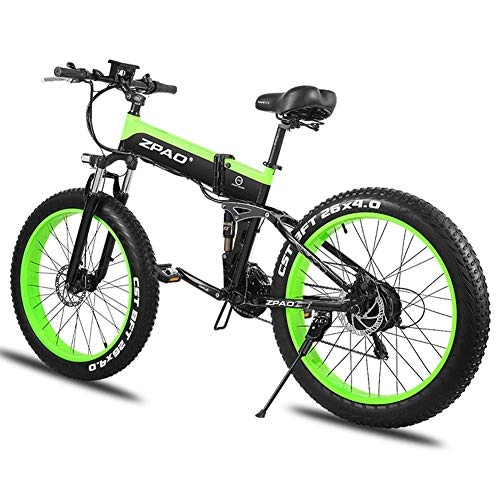 Folding Electric Mountain Bike : 26 Inch Fat Tire E-Bike, Electric Mountain Bike 21 Speed Snow Beach Electric Bicycles Removable Lithium Battery Front and Rear Disc Brakes (Color : Green)