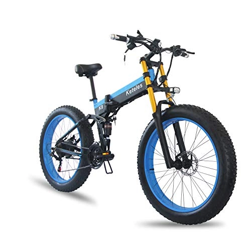 Folding Electric Mountain Bike : 26 Inch Foldable Electric Bike, 1000w 48v 15ah Removable Lithium Ion Battery Electric Mountain Bicycle, Aluminum Alloy Fat Tire 3 Riding Modes (blue)