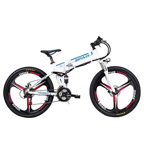 Folding Electric Mountain Bike : 26-inch folding electric bicycle, smart electric bicycle, mountain bike bicycle, 48V15ah, 350W, double suspension and 21-speed Shimano (removable lithium battery), White three knife wheel-26 inches