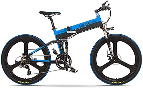 Folding Electric Mountain Bike : 26 Inch Folding Electric Bike, Front Rear Disc Brake, 48V 400W Motor, Long Endurance, with LCD Display, Pedal Assist Bicycle (Color : White Blue, Size : 14.5Ah+1 Spare Battery) plm46