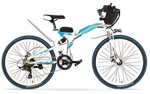Folding Electric Mountain Bike : 26 Inches Strong Powerful E Bike, 48V 12AH 500 / 240W Motor, Full Suspension High-carbon Steel Frame, Pedal Assist Folding Electric Bicycle, Disc Brake (Color : White Blue, Size : 500W)