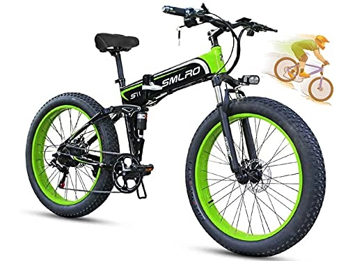 Folding Electric Mountain Bike : 26Inc Electric Bike, Fat Electric Bicycles 3 Hours Fast Charge, 350W Brushless Motor, 48V / 13Ah Removable Lithium-Ion Battery, Electric Mountain Bike Green