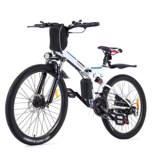Folding Electric Mountain Bike : 350W Electric Mountain Bike for Adults, 36V / 8Ah Removable Battery, 26″ Tire, Disc Brake 21 Speed E-Bike (Color : White)
