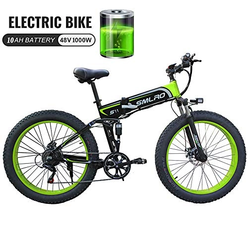 Folding Electric Mountain Bike : 48V 1000W Electric Bike Electric Mountain Bike with 26inch Fat Tire MTB 7 Speed E-bike Pedal Assist Hydraulic Disc Brake, Black Green 1000W