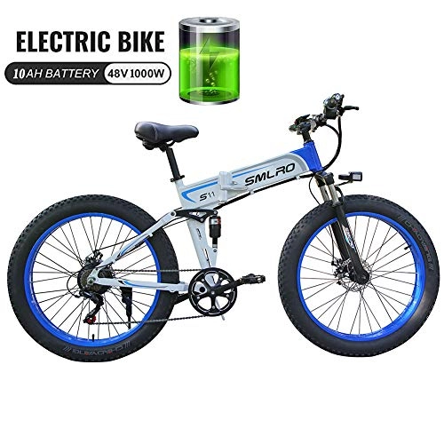 Folding Electric Mountain Bike : 48V 1000W Electric Bike Electric Mountain Bike with 26inch Fat Tire MTB 7 Speed E-bike Pedal Assist Hydraulic Disc Brake, White Blue 1000W