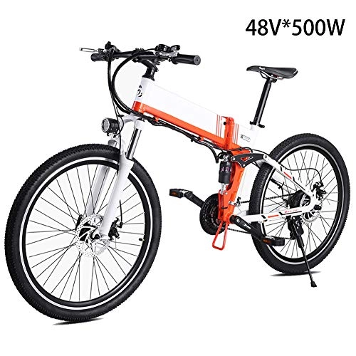 Folding Electric Mountain Bike : 500W Electric Mountain Bike 48V / 12.8Ah Mens 26 Inch Mountain Snow E- Bike, Electric Bike 21 Speed Gear and Three Working Modes, with Hydraulic Disc Brakes LED Headlights with Gifts, Latest, White