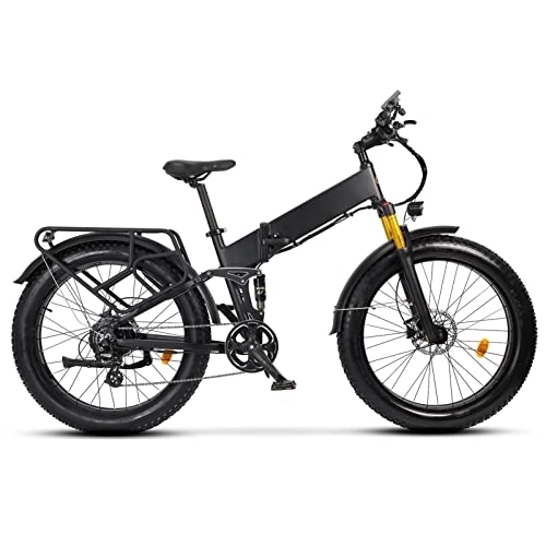 Folding Electric Mountain Bike : 750w Electric Bike Folding for Adults Ebike 26 * 4.0 Inch Fat Tire 8 Speed Transmission 48v 14ah Lithium Battery Full Suspension Electric Bicycle (Color : Matte Black)