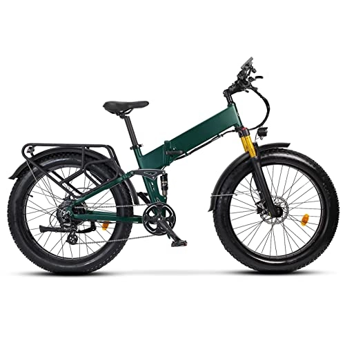 Folding Electric Mountain Bike : 750w Electric Bike Folding for Adults Ebike 26 * 4.0 Inch Fat Tire 8 Speed Transmission 48v 14ah Lithium Battery Full Suspension Electric Bicycle (Color : Matte Green)