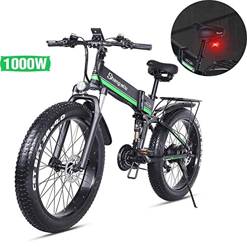 Folding Electric Mountain Bike : A&F Electric Mountain Bike with Rear Tailstock, 26 Inches 1000W 48V 12.8Ah Folding Fat Tire Snow Bike, 21 Speed E-Bike with HD LCD Display Instrument for Adult