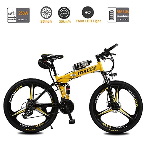 Folding Electric Mountain Bike : Acptxvh Folding Electric Bike 240W, 3 Spoke Wheels / 26 Inch / Dual Disc Brakes / 21 Speed, with 36V 6.8Ah Kettle Battery Bicycle, Yellow