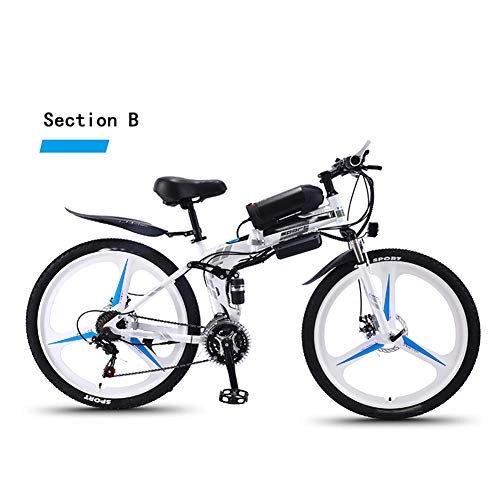 Folding Electric Mountain Bike : Adult Travel Electric Bicycle, 350W Motor 36V Hidden Removable Battery 26 Inch Mountain Folding Electric Bike Dual Disc Brakes 27-Speed Unisex, White, B