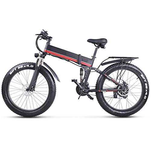 Folding Electric Mountain Bike : AMGJ Electric Bike Foldable, 1000W Motor 48V 12.8AH Removable Charging Lithium Battery Electric Beach Bike 26inch*4.0 Fat Tire with Seat and Electronic Horn LCD Display Screen, Black