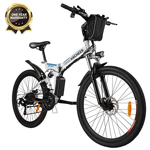 Folding Electric Mountain Bike : ANCHEER 2019 Upgraded Electric Mountain Bike, 250W / 500W 26'' Electric Bicycle with Removable 36V 8AH / 12 AH Lithium-Ion Battery for Adults, 21 Speed Shifter (Spoting_White)