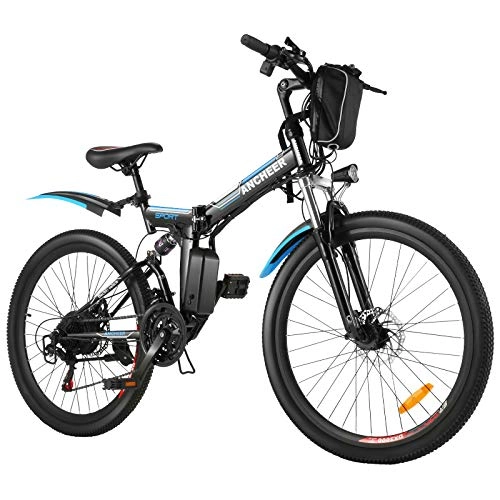 Folding Electric Mountain Bike : ANCHEER 26" Electric Bikes for Adult, 26 inch Foldable Electric Commuter Bicycle with 250W Brushless Motor 36V 8Ah Lithium Battery 21-speed Gear Double Disc Brakes (Black)