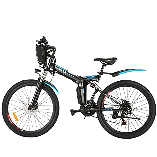 Folding Electric Mountain Bike : ANCHEER 26’’ Electric Folding Bikes for Adults, 250W Electric Bicycle with 8Ah Removable Lithium Battery Double Shock Absorption Font and Rear Disc Brakes Professional 21-speed (Folding-Bright Black)