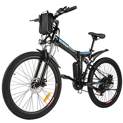 Folding Electric Mountain Bike : ANCHEER 26'' Electric Mountain Bike, 250W Electric Bicycle with Removable 36V 8AH Lithium-Ion Battery for Adults, 21 Speed Shifter (Spoting_Black)