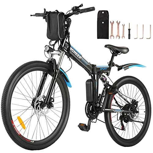 Folding Electric Mountain Bike : ANCHEER 26 inch Folding Electric Bikes for Adults, Foldable Electric Bicycle Mountain Bike E-bike with 288Wh Removable Lithium Battery Shimano 21 Speed Shifter Double Disc Brakes