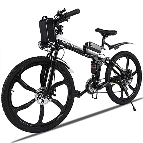 Folding Electric Mountain Bike : ANCHEER Electric Bike Electric Mountain Bike, 26 Inch Folding E-bike with Super Magnesium Alloy 6 Spokes Integrated Wheel, Premium Full Suspension and Shimano 21 Speed Gear