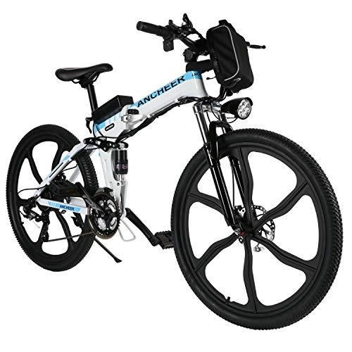 Folding Electric Mountain Bike : ANCHEER Electric Bike Electric Mountain Bike, 26 Inch Folding E-bike with Super Magnesium Alloy 6 Spokes Integrated Wheel, Premium Full Suspension and Shimano 21 Speed Gear (White)