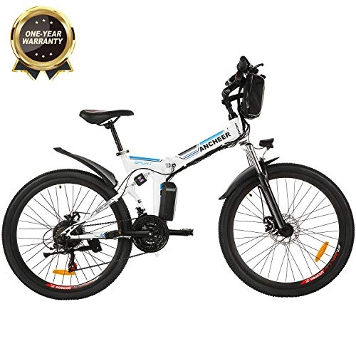 Folding Electric Mountain Bike : ANCHEER Electric Mountain Bike, 26 E-bike Citybike Commuter Bike with 36V 8Ah Removable Lithium Battery, 21 Speed Gear (26" Folding-White.)