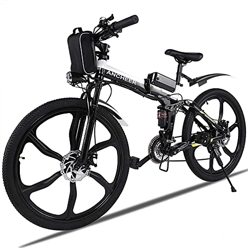 Folding Electric Mountain Bike : ANCHEER Electric Mountain Bike, 26'' Folding Electric Bike with Magnesium Alloy 6-Spoke Integrated Wheels and Advanced full Suspension, Ebike with Shimano 21-Speed Gear for men / women / adults