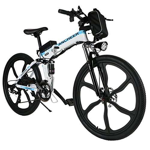 Folding Electric Mountain Bike : ANCHEER Electric Mountain Bike, 26 Inch Folding E-bike with Super Lightweight Magnesium Alloy 6 Spokes Integrated Wheel, Premium Full Suspension and Shimano 21 Speed Gear (Folding - White, Medium)