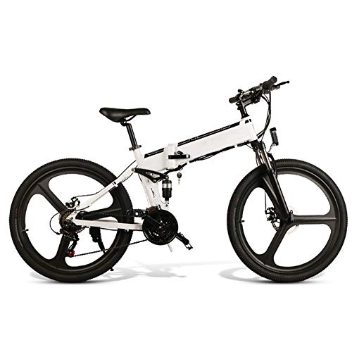 Folding Electric Mountain Bike : Asseny Folding Mountain Bike Electric Bicycle 26 Inch 350W Brushless Motor 48V Portable for Outdoor (White)