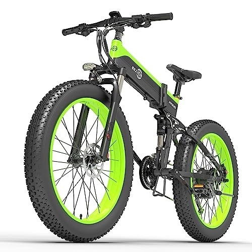 Folding Electric Mountain Bike : Bezior Electric Bike X1500 for Adults, Foldable 26" x 4.0 Fat Tire Electric Bicycle, 48V 12.8Ah Removable Lithium Battery, Shimano M2000 27-Speed Gear and Dual Shock Absorber Ebikes Black&Green