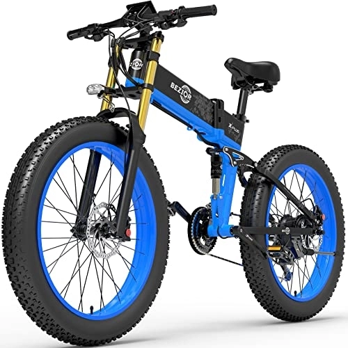 Folding Electric Mountain Bike : Bezior Fat Tire Electric Bike X PLUS, 17.5AH 26"x 4"Electric Mountain Bike Folding Electric Bike for Adults Shimano 9-Speed 3 Riding Modes, Blue