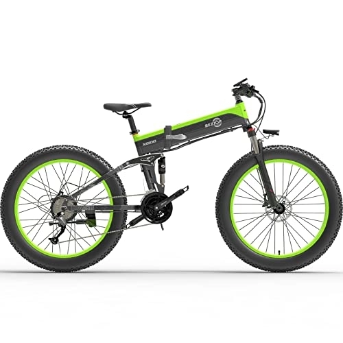 Folding Electric Mountain Bike : Bezior Fat Tire Electric Bike X1500, 12.8AH 26" Electric Mountain Bike Dirt Ebike for Adults 9-Speed 3 Riding Modes, Green