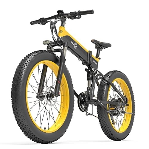 Folding Electric Mountain Bike : Bezior Fat Tire Electric Bike X1500, 48V 12.8AH 26" Electric Mountain Bike Dirt Ebike for Adults 9-Speed 3 Riding Modes, Yellow