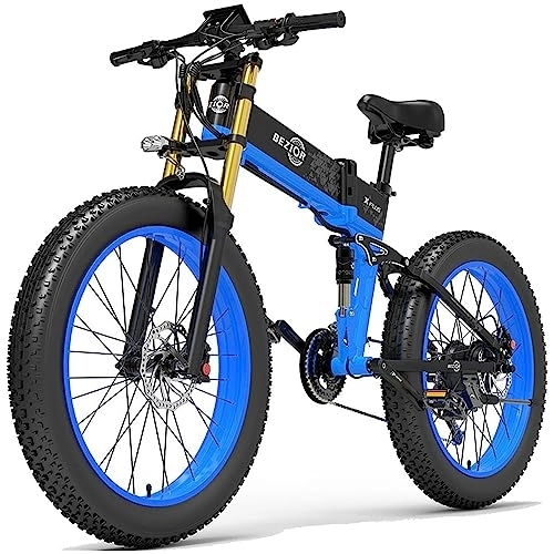 Folding Electric Mountain Bike : Bezior X PLUS Electric Bike for Adults, Foldable 26" x4.0 Fat Tire Electric Bicycle, 48V 17.5Ah Removable Lithium Battery, Shimano 27-Speed Gear and Dual Shock Absorber Ebikes Black&Blue