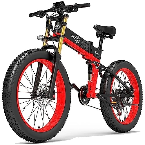 Folding Electric Mountain Bike : Bezior X PLUS Electric Bike for Adults, Foldable 26" x4.0 Fat Tire Electric Bicycle, 48V 17.5Ah Removable Lithium Battery, Shimano 27-Speed Gear and Dual Shock Absorber Ebikes Black&Red