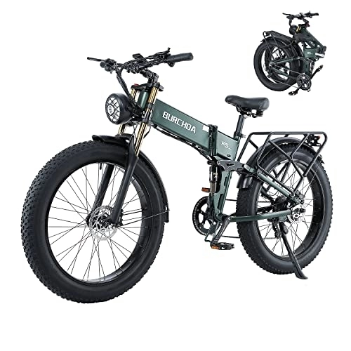 Folding Electric Mountain Bike : BURCHDA Electric Bikes, R5pro Folding Electric Mountain Bike, 26"*4" Fat Tire Electric Mountain Bike 48V 16Ah Removable Battery, LCD Display, Shimano 8 Speed（Green）
