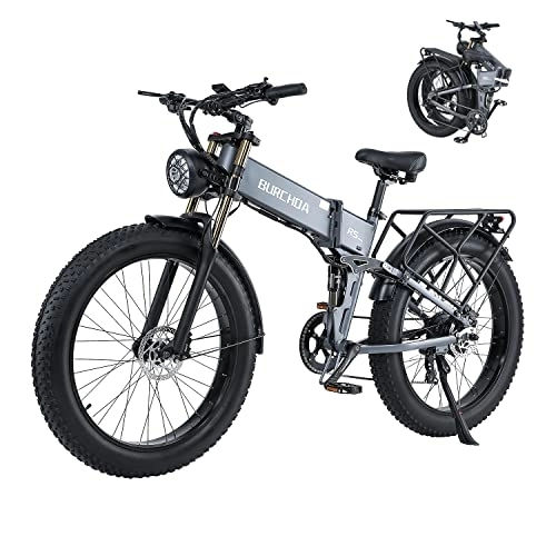 Folding Electric Mountain Bike : BURCHDA Electric Bikes, R5pro Folding Electric Mountain Bike, 26"*4" Fat Tire Electric Mountain Bike 48V 16Ah Removable Battery, LCD Display, Shimano 8 Speed（Grey）
