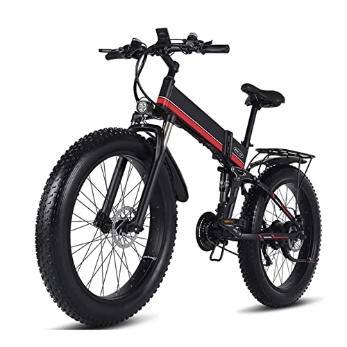 Folding Electric Mountain Bike : BZGKNUL 1000W Foldaway Ebike 26" Fat Tire Electric Bicycle 48V 12.8AH Lithium Battery 21 Speed Beach-Bike Commute Ebike for Adults Female Male (Color : Red)