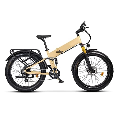 Folding Electric Mountain Bike : BZGKNUL Electric Bike for Adults Foldable 26 Inch Fat Tire 750W 48W 14Ah Lithium Battery Ebike Full Suspension Electric Bicycle (Color : Desert Tan)