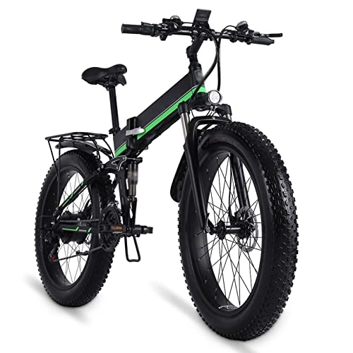 Folding Electric Mountain Bike : BZGKNUL Foldable Electric Mountain Bike 1000W Ebikes for Adults 26 inch Electric Bikes, with 48V 12.8Ah Removable Lithium Battery, 21 Speed Gears 31 Mph Electric Bicycles for Men (Color : Green)