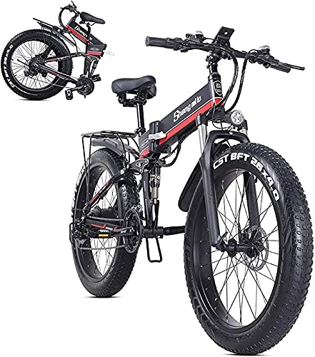 Folding Electric Mountain Bike : CASTOR Electric Bike 26inch4.0 Fat Tire Folding Electric Mountain Bike, 48v 12.8ah Removable Lithium Battery, 1000w Motor and 21 Speed Gears Beach Snow Bicycle, Full Suspension bike for All Terrains, Red
