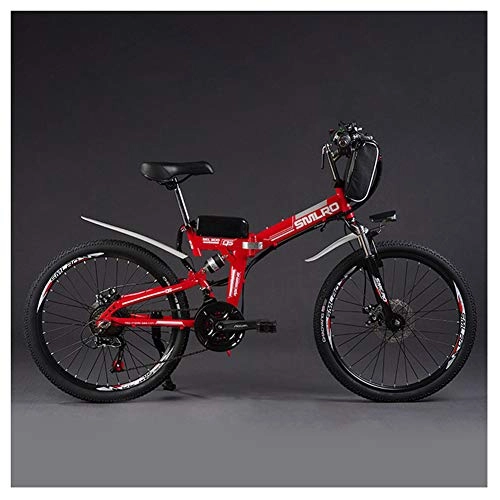 Folding Electric Mountain Bike : CJCJ-LOVE Electric Folding Mountain Bike, 26 Inches 21 Speed 48V / 8Ah / 350W E-Bike / Bicycle with Removable Large Capacity Bag-Type Lithium Battery, Red