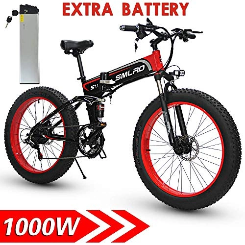 Folding Electric Mountain Bike : CJH 1000W Fat Electric Mountain Bike 13Ah Battery 21Speeds Hydraulic Disc Brake (Battery)
