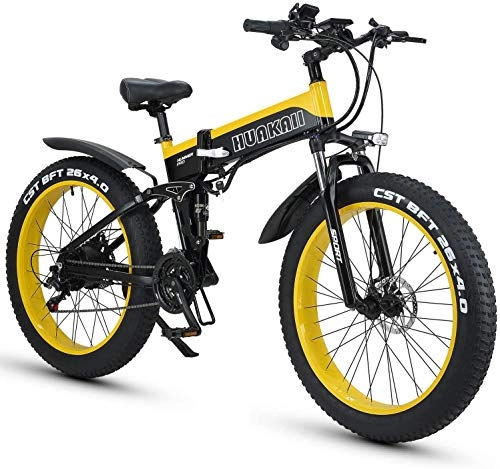 Folding Electric Mountain Bike : CJH Bicycle, Bike, Electric Bicycle, Mountain Bike, 26'' Electric Mountain Bike with 48V Lithium-Ion Battery with 500W Powerful Motor, Suitable for Cities, Mountains, Snow, Steep Slopes(Yellow), Yellow