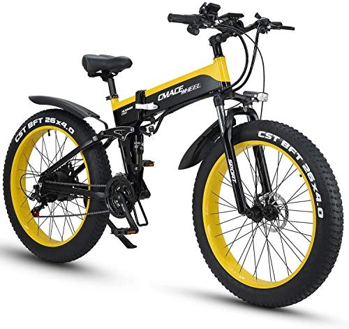Folding Electric Mountain Bike : CJH Bicycle, Bike, Electric Bicycle, Mountain Bike1000W Electric Hybrid Bike 26 inch Fat Bike 48V 12.8Ah Snowmobile Folding Ebike, Suitable for Cities, Mountains, Snow, Steep Slopes(1000-Yellow)