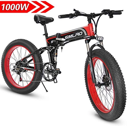 Folding Electric Mountain Bike : CJH Electric Bikes 26 Inches, Folding Electric Mountain Bike, 1000W 48V13Ah Battery Cell E-Bike, Women Men Electric Bicycle, Suitable for City, Mountain, Snow, Beach, Steep Slope(Red)