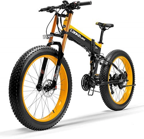 Folding Electric Mountain Bike : CNRRT 1000W electric bicycle folding speed 27 * 26 4.0 5 PAS fat bicycle hydraulic disc brake movable 48V 10Ah lithium battery, Pedelec (black and yellow upgraded, 1000W) (Color : -, Size : -)