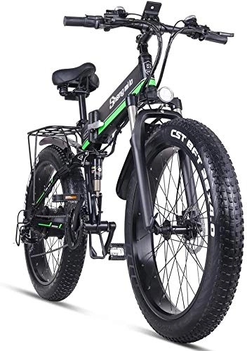 Folding Electric Mountain Bike : CNRRT 1000w electric bicycle full-suspension folding electric motor bike fat tire 26 * 4.0 (Color : Green)