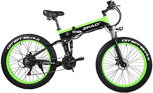 Folding Electric Mountain Bike : CNRRT 26 inches 48V 500W foldable mountain bike, electric bicycle tires fat 4.0, adjustable handlebar with USB plug LCD display (Color : Black Green, Size : 12.8Ah)