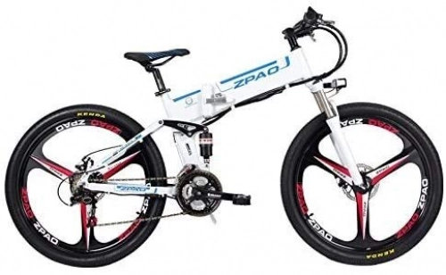 Folding Electric Mountain Bike : CNRRT 26 inches foldable electric bicycle, 48V 350W powerful motor speed mountain bike 21, aluminum frame, a pedal-assisted bicycle, the whole suspension (white integration hub, plus a spare battery)